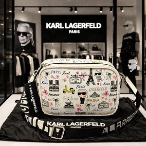 Karl Lagerfeld Paris Crossbody Bag Paris Print Cream Logo Strap Adjustable NWT